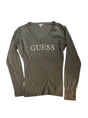 GUESS Charcoal Gray V-Neck Logo Sweater